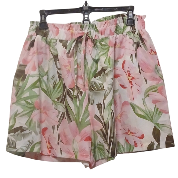 Tropical Floral Print Shorts, Elastic Waist W/ Drawstring, Front Pockets, - Picture 2 of 6